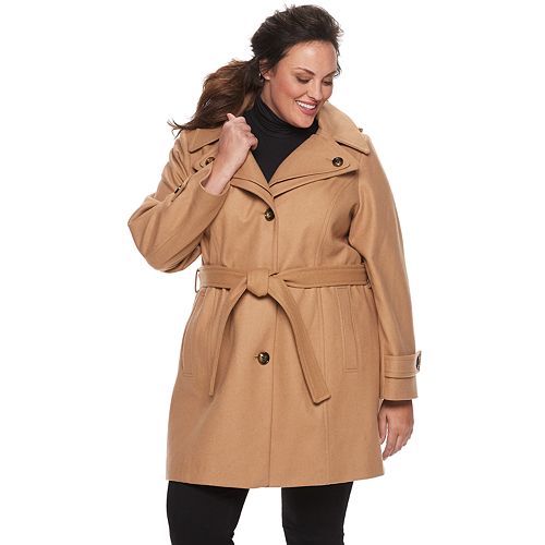 Plus Size TOWER by London Fog Hooded Belted Wool Blend Coat