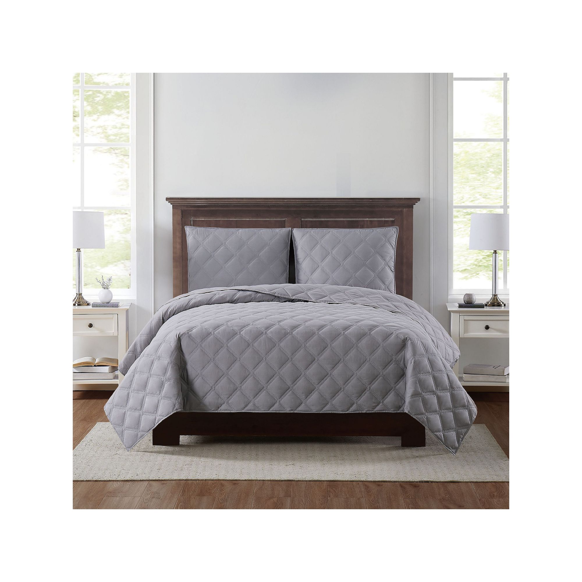 Truly Soft Everyday 3D Puff Quilted Quilt Set, Gray