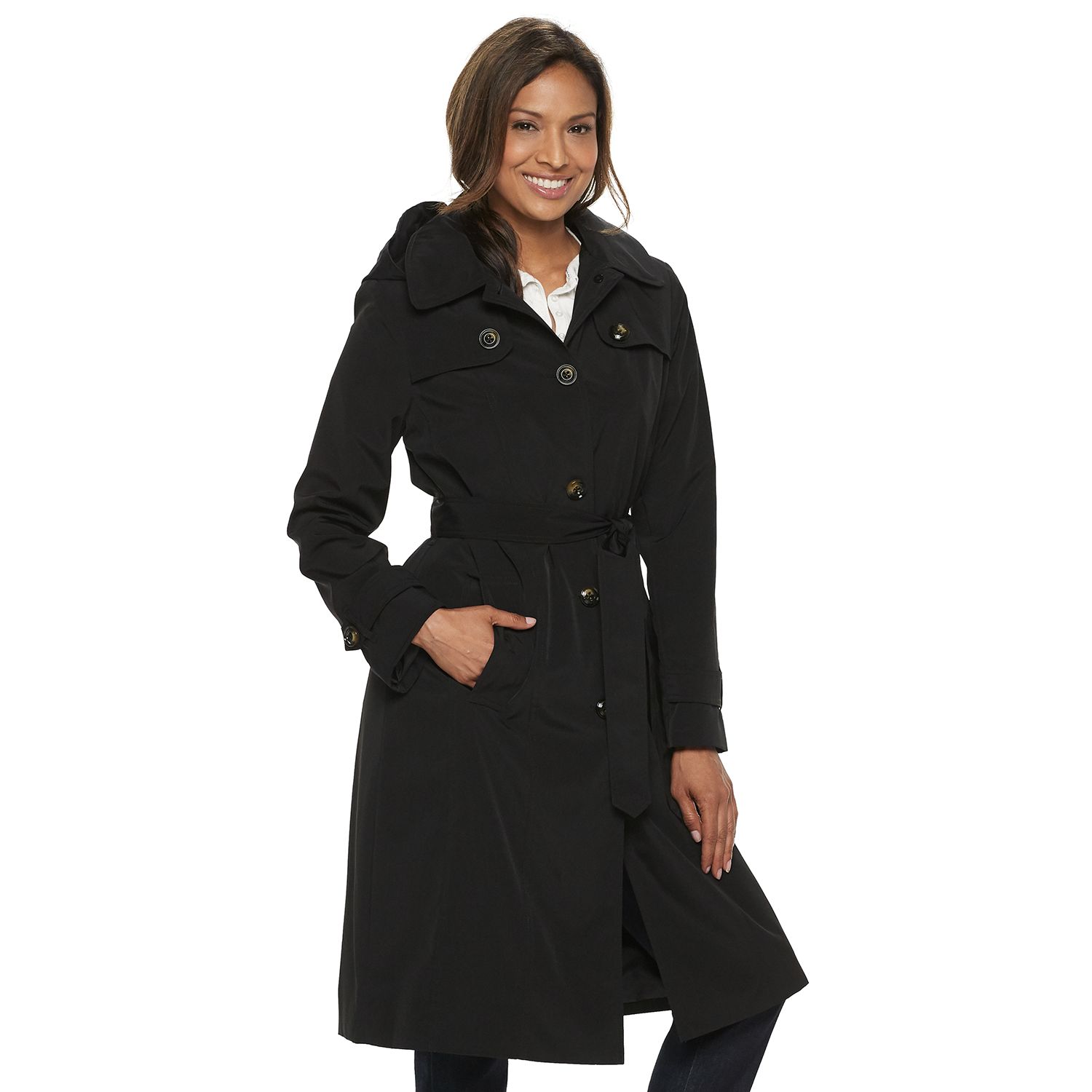 london fog long trench coat with detachable hood & liner