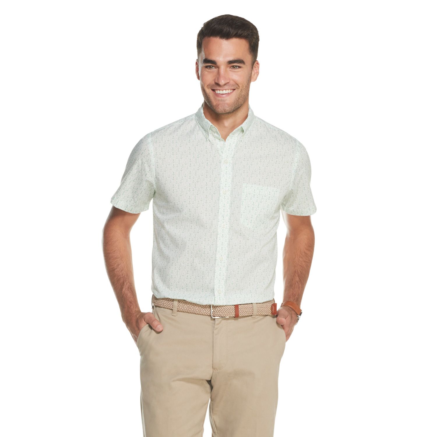 button down shirt and khaki shorts