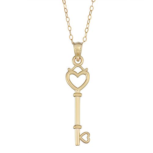 10K Gold Key Heart Pendant Necklace