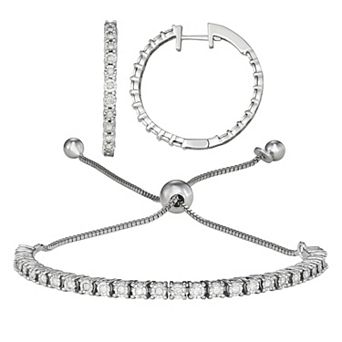 Sterling Silver 1/2 Carat T.W. Diamond Adjustable Bracelet & Hoop Earring Set