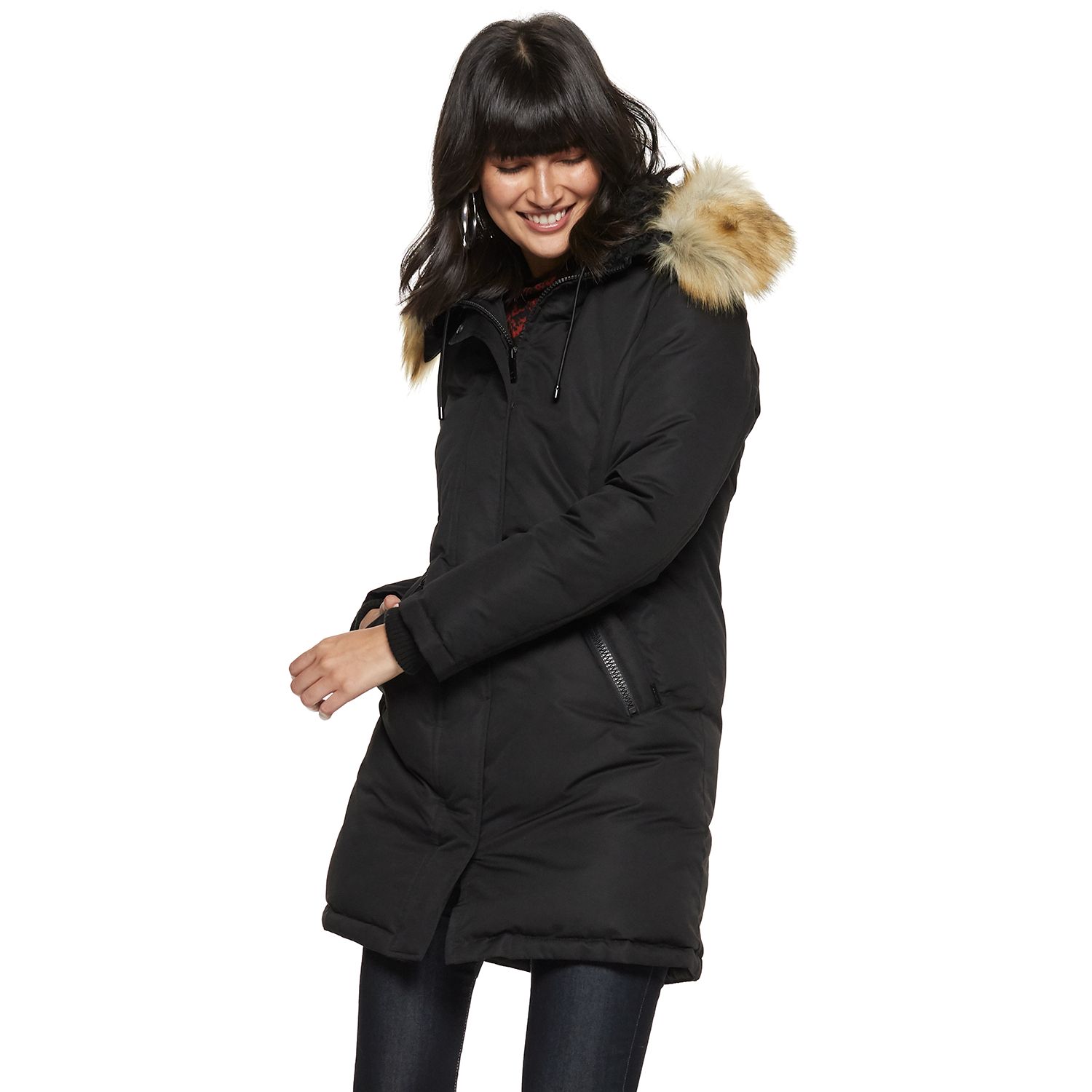 black faux fur trim hooded parka