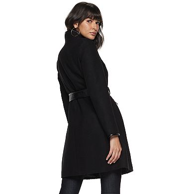 Women's Nine West Faux-Leather Binding Wool-Blend Coat