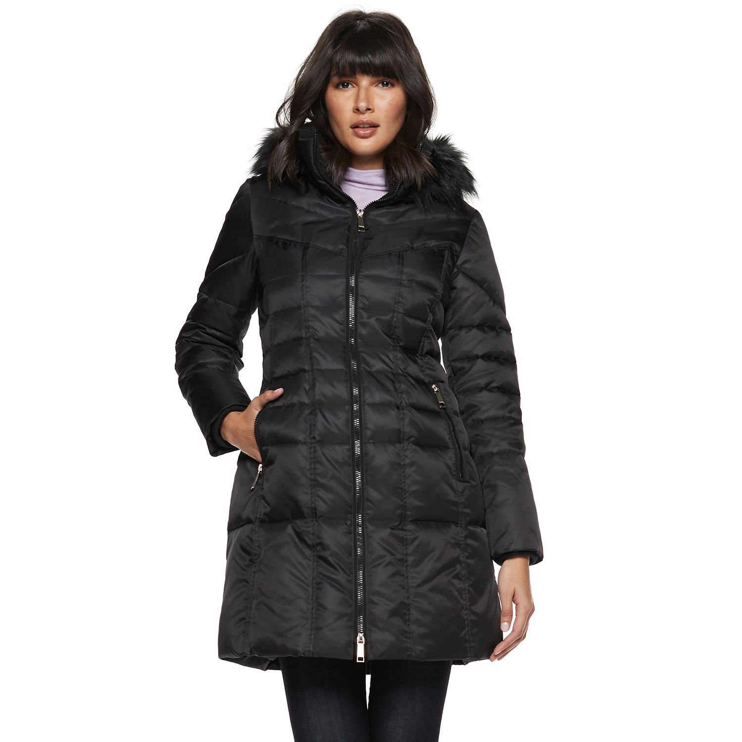 black faux fur trim parka coat