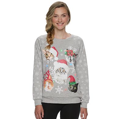 Juniors' Christmas Cat Crew Neck Light Up Graphic Sweatshirt