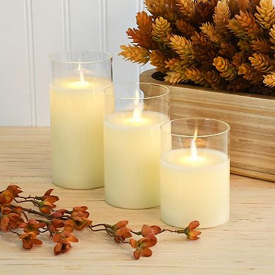 LumaBase Battery Operated LED Realistic Flame Wax Filled Candles in Glass Holders (Set of 3)