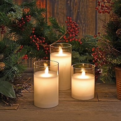 LumaBase Battery Operated LED Realistic Flame Wax Filled Candles in Glass Holders (Set of 3)