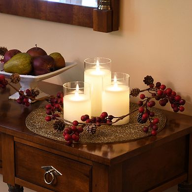 LumaBase Battery Operated LED Realistic Flame Wax Filled Candles in Glass Holders (Set of 3)