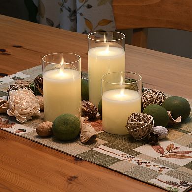 LumaBase Battery Operated LED Realistic Flame Wax Filled Candles in Glass Holders (Set of 3)