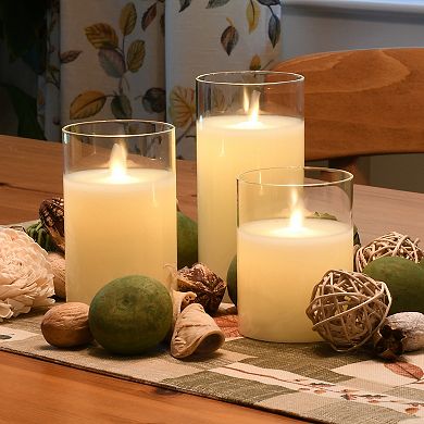 LumaBase Battery Operated LED Realistic Flame Wax Filled Candles in Glass Holders (Set of 3)