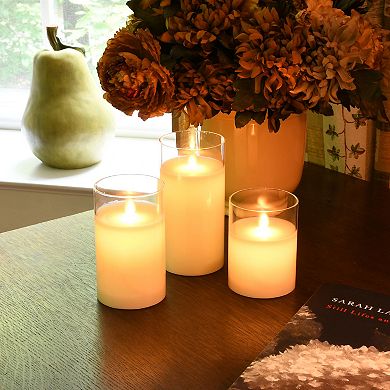 LumaBase Battery Operated LED Realistic Flame Wax Filled Candles in Glass Holders (Set of 3)