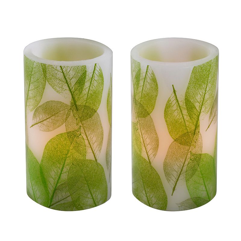 LumaBase Battery Operated LED Wax Candles- Lace Leaf (Set of 2), Green