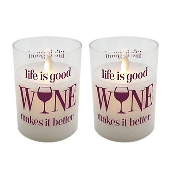 LumaBase "Life is Good, Wine Makes it Better" Battery Operated LED Wax Candles in Glass Holders (Set of 2)