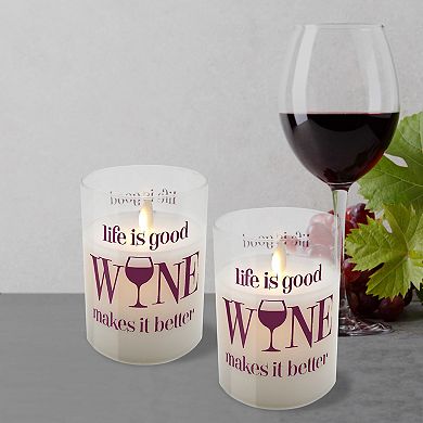 LumaBase "Life is Good, Wine Makes it Better" Battery Operated LED Wax Candles in Glass Holders (Set of 2)