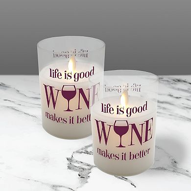 LumaBase "Life is Good, Wine Makes it Better" Battery Operated LED Wax Candles in Glass Holders (Set of 2)
