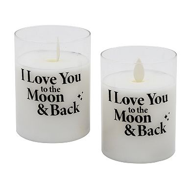 LumaBase "I Love You to the Moon and Back" Battery Operated LED Wax Candles in Glass Holders (Set of 2)