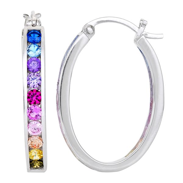 Sterling Silver Rainbow Cubic Zirconia Oval Hoop Earrings