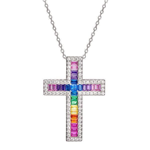 Sterling Silver Rainbow Cubic Zirconia Cross Pendant Necklace