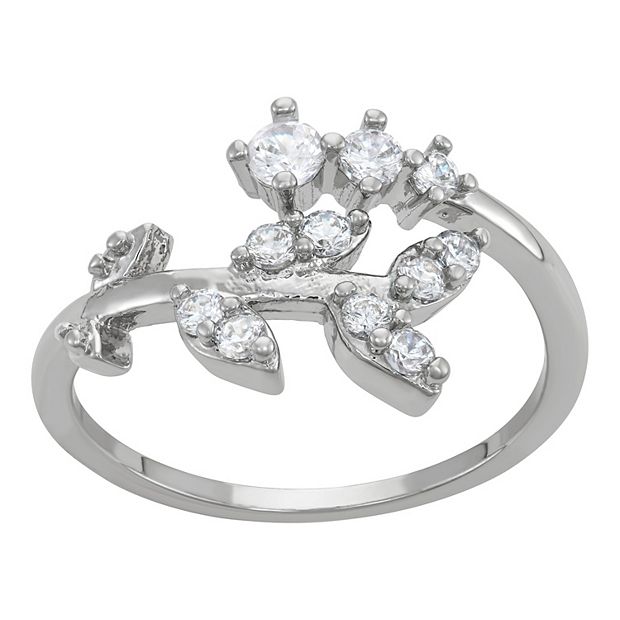 Silver Tone Clear Crystal Leaves Ring