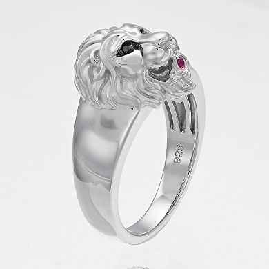 Sterling Silver Lab-Created Ruby & Black Diamond Accent Lion Ring