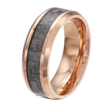 Men's Rose Gold Tone Stainless Steel Carbon Fiber Beveled Edge Ring