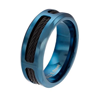 Men's Blue & Black Ion Plated Stainless Steel Cable Ring