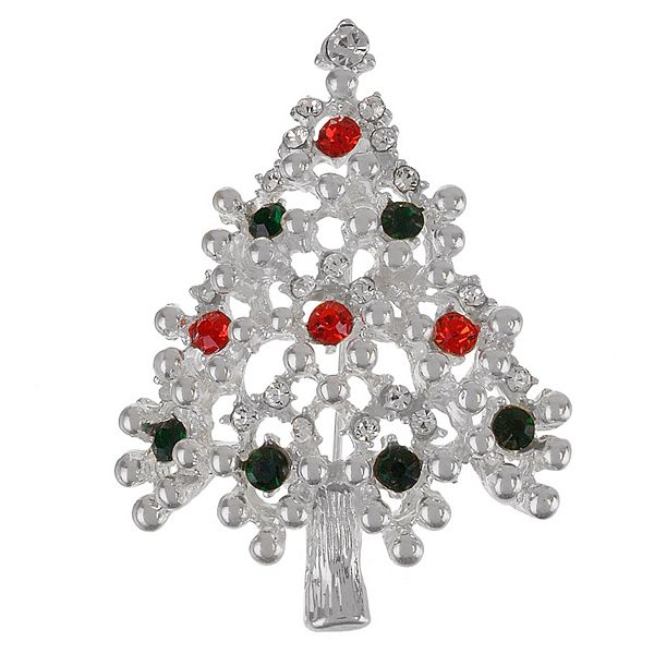 Silver Tone Simulated Crystal Christmas Tree Pin