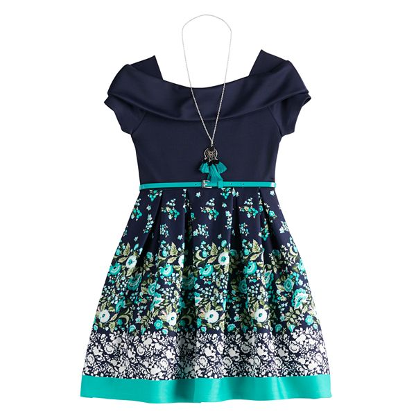 Girls 716 Knitworks Floral Skater Dress & Necklace Set