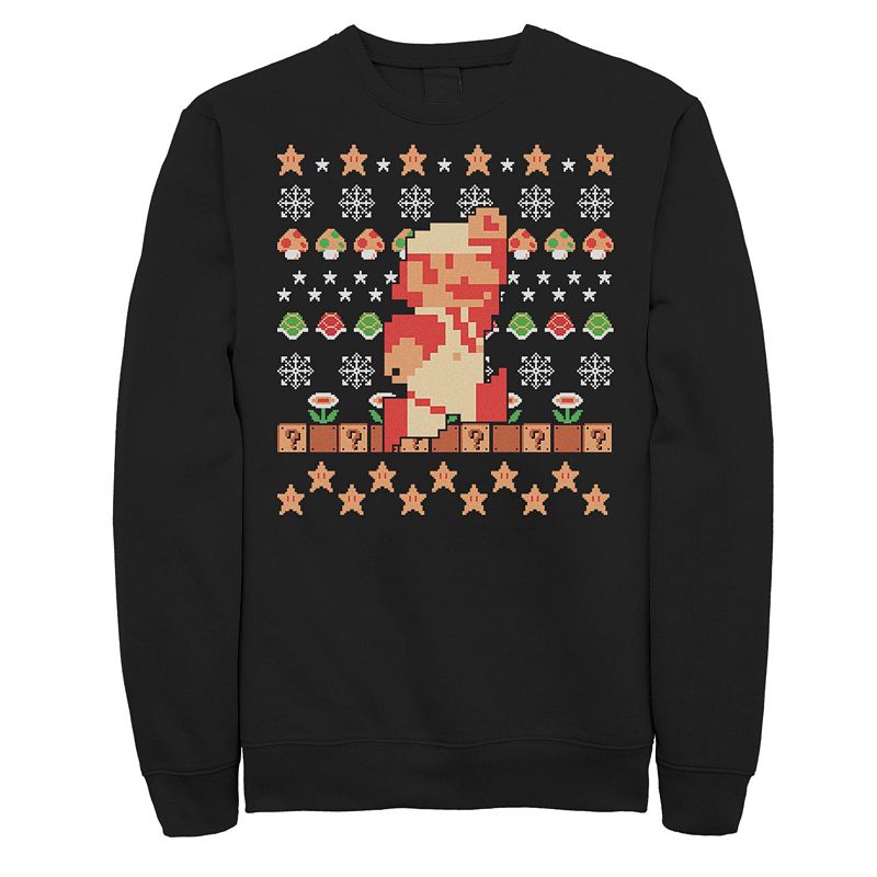 Men's Nintendo Super Mario Bros. Items Ugly Christmas Style Fleece, Size: Large, Black