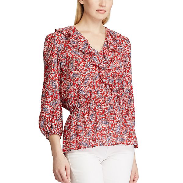 Women's Chaps Three-Quarter Sleeve Ruffle Neck Blouse