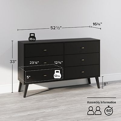 mid century modern 6 drawer dresser - prepac Prepac Milo Solid Wood Modern Chest, Mid-Century Design, 6-Drawer Double  Dresser, White