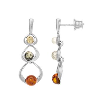 Sterling Silver Multicolored Amber Triple Drop Earrings