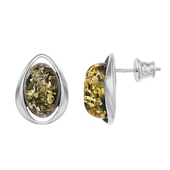 Sterling Silver Green Amber Oval Stud Earrings