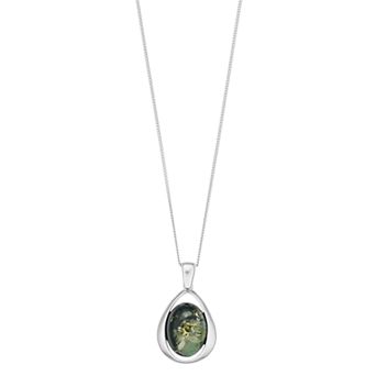 Sterling Silver Green Amber Oval Pendant Necklace