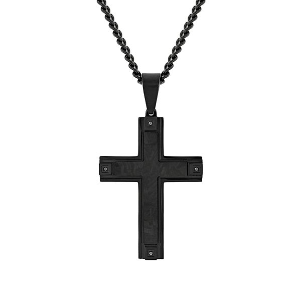 Men's Black Stainless Steel Black Diamond Accent Cross Pendant Necklace
