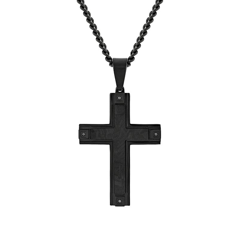 Mens Black Stainless Steel Black Diamond Accent Cross Pendant Necklace, S
