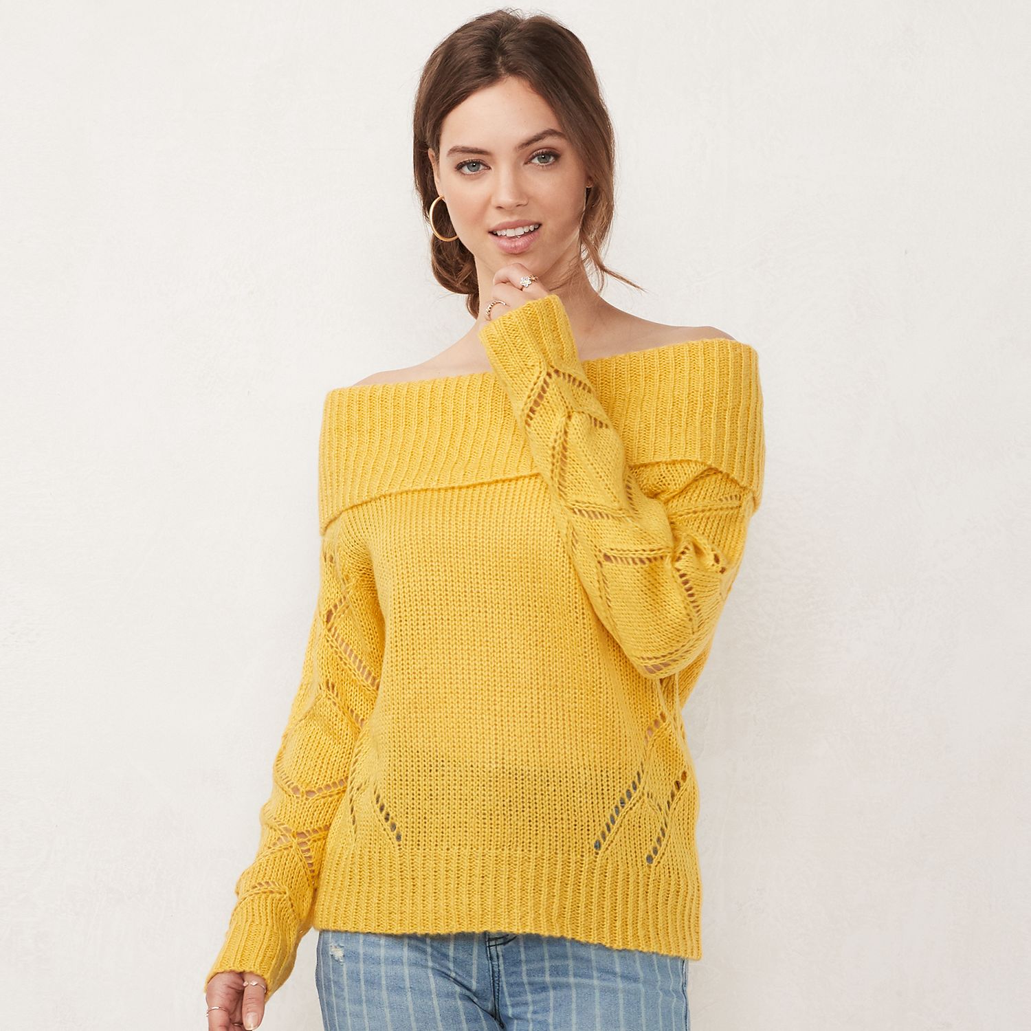 yellow off shoulder sweater