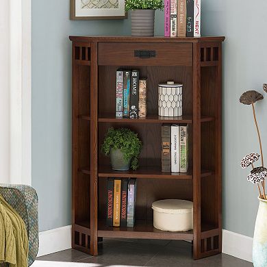 Leick Furniture Mission Oak Corner Bookcase with Drawer