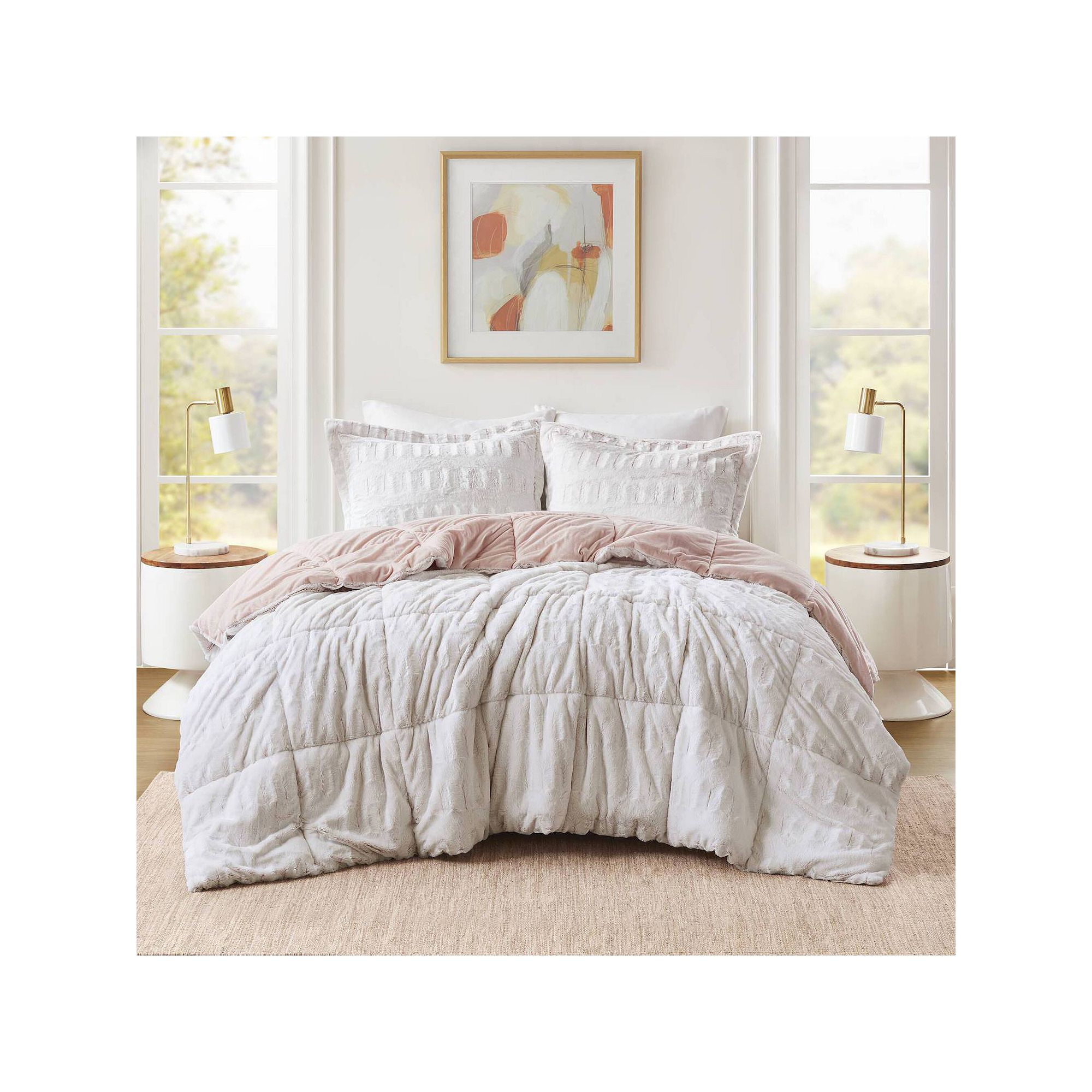 Madison Park Margot Luxury Back Print Long Fur Comforter Set, Blush White