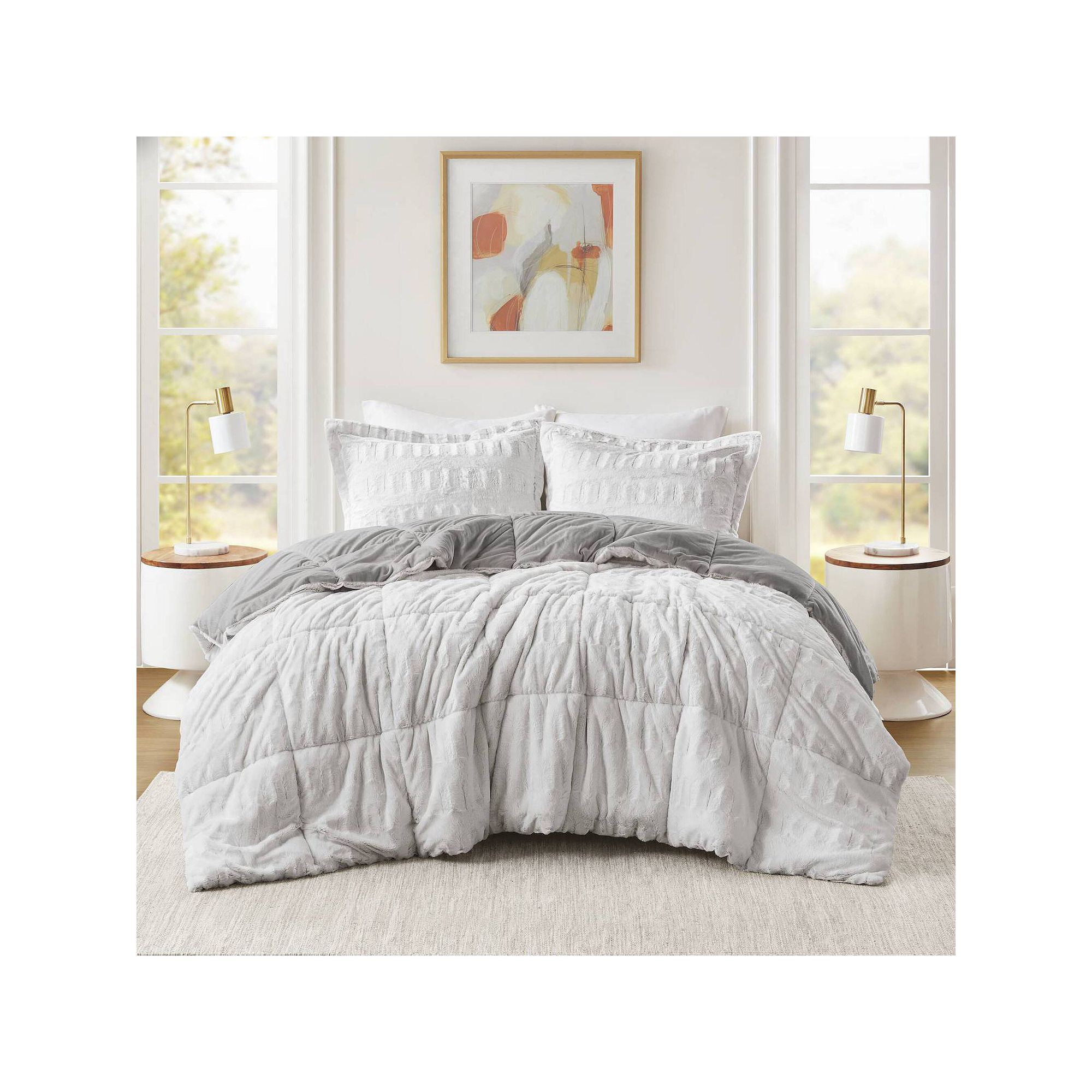 Madison Park Margot Luxury Back Print Long Fur Comforter Set, Gray White
