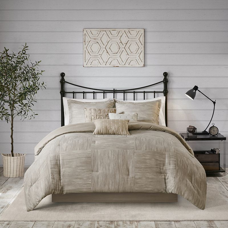 queen 7pc kelan printed seersucker comforter set taupe: madison park, polyester, pleated, reversible, embroidered details