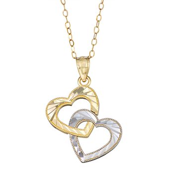 Two Tone 10k Gold Interlocking Heart Pendant Necklace
