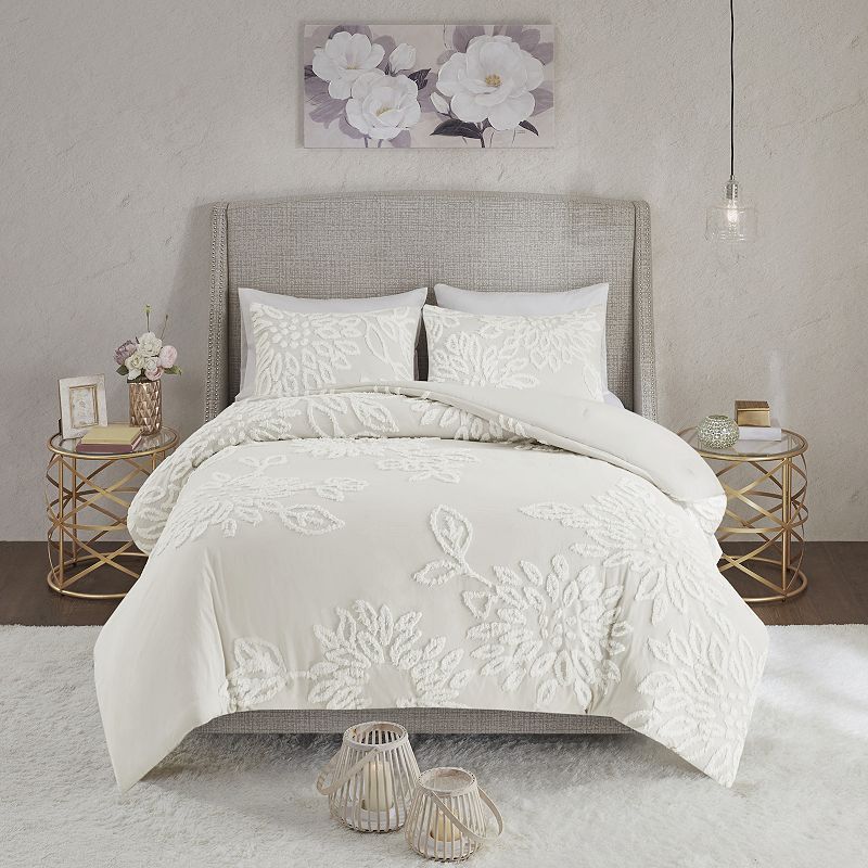 Madison Park Pansy 3-Piece Tufted Chenille Floral Cotton Comforter Set, Whi