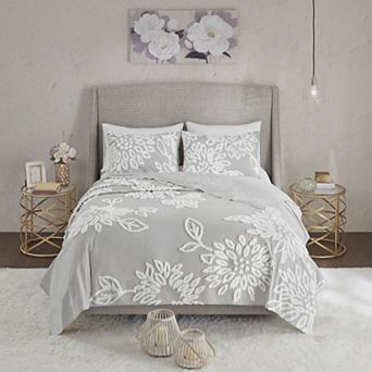 Madison Park Pansy 3 pc Tufted Cotton Chenille Floral Duvet Cover Set with Shams