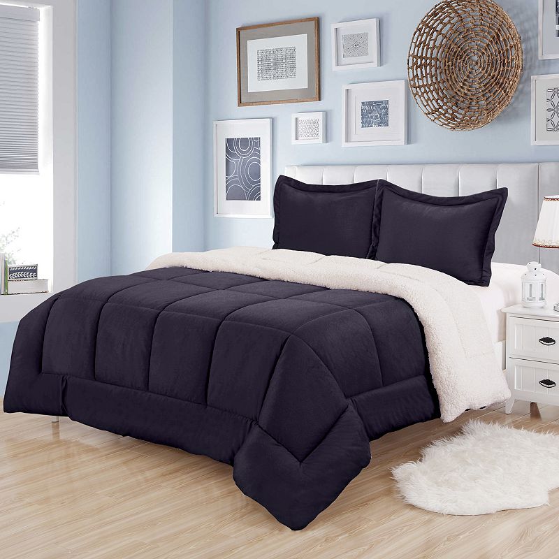 Sweethome Collection 3-Piece Sherpa Comforter Set, Blue, Full/Queen