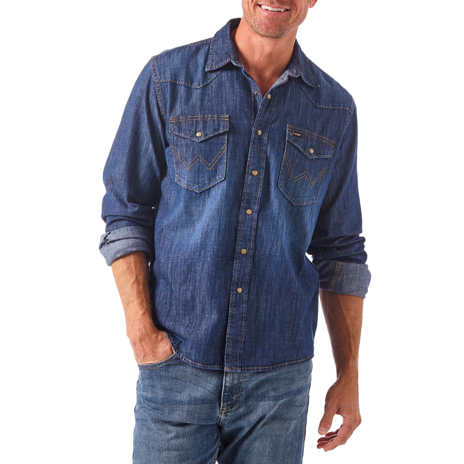 wrangler denim snap button shirt