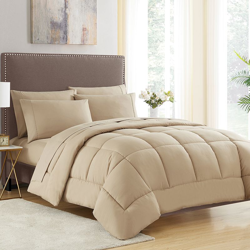 Sweet Home Collection 7 Piece Comforter Set Bag Solid Color All Season Soft Down Alternative Blanket & Luxurious Microfiber Bed Sheets  Full  Taupe