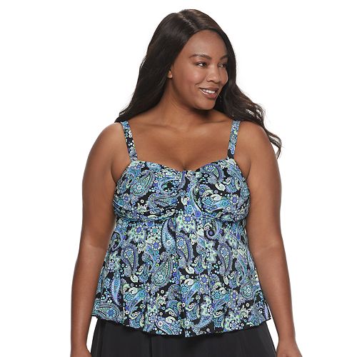 Plus Size A Shore Fit Paisley Tummy Slimmer Waterfall Tankini Top