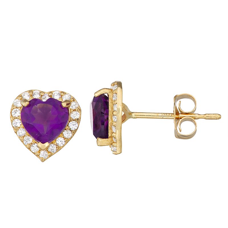 10k Gold Gemstone Heart Halo Stud Earrings, Womens, Purple